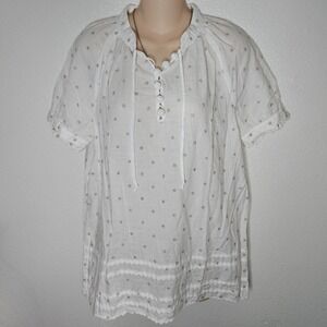Juicy Couture White Embroidered Tunic Top Short Sleeve Tie Neck Button Front